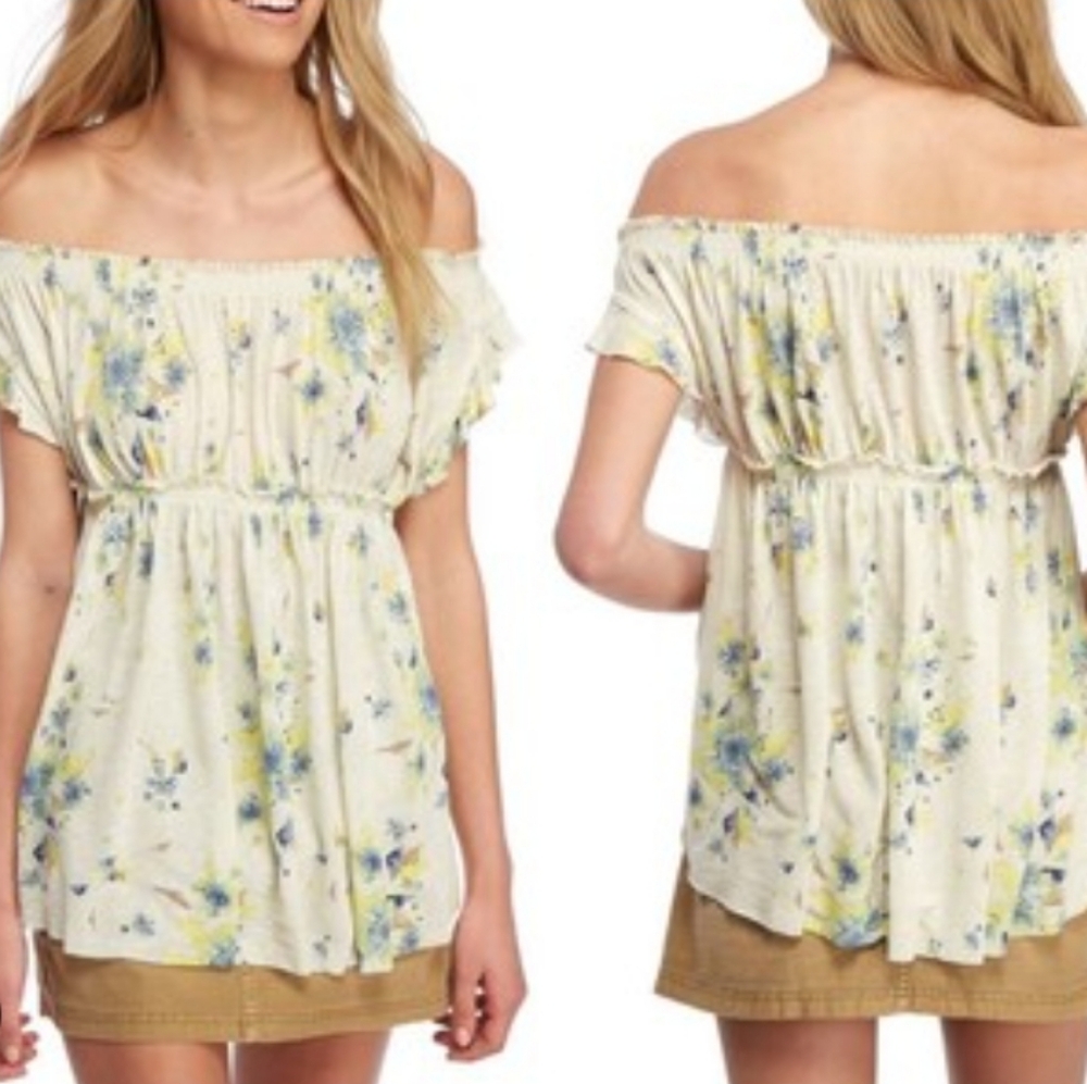 We The Free Cream and Blue Floral Top